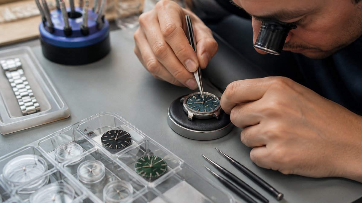 Close-up of a watchmaker's hands using a loupe and tweezers to set a textured dial and hands into a stainless steel watch case on a clean workbench, with small parts trays and screwdrivers nearby