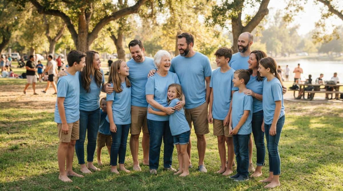 A joyful multi-generational family group laughing together outdoors, all wearing matching custom t-shirts at a sunny park reunion