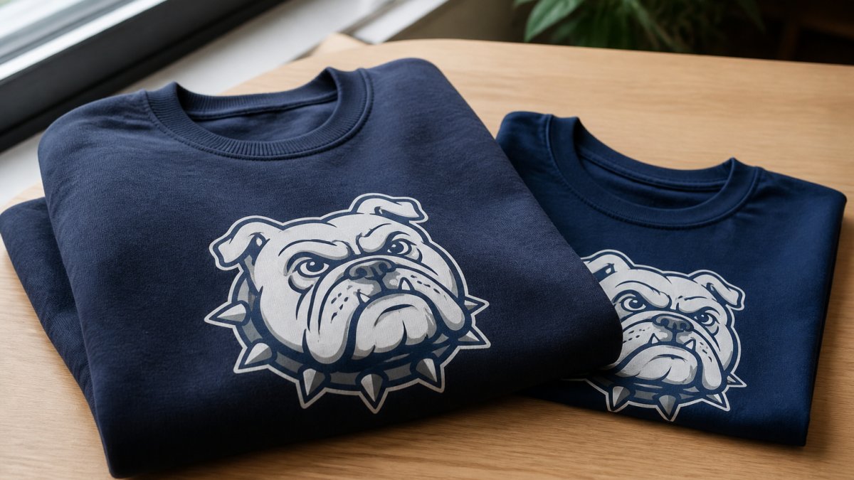 Close-up of a folded navy school crewneck sweatshirt and matching T-shirt on a light wooden table, with a printed school mascot design visible, natural window light