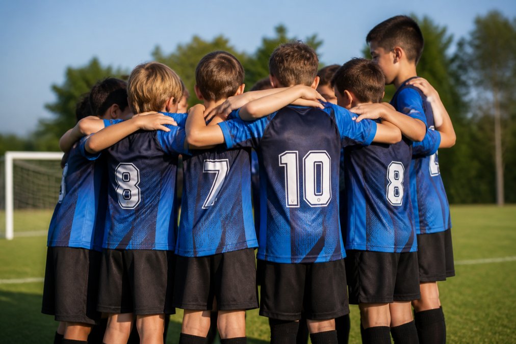 Youth soccer team wearing matching sublimated jerseys on a grass field, with vibrant custom graphics and player numbers clearly visible on breathable mesh uniforms under afternoon sunlight