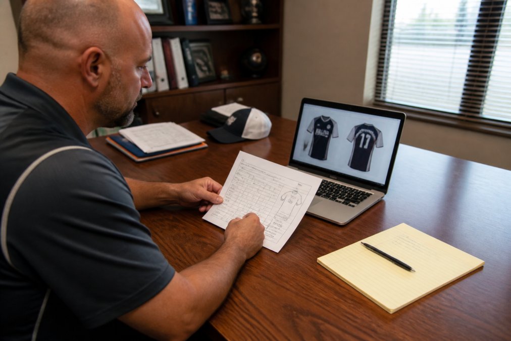 Coach sitting at a wooden desk reviewing a printed uniform order form, with a laptop open showing a jersey design mockup, notepad and pen beside it, under warm office lighting