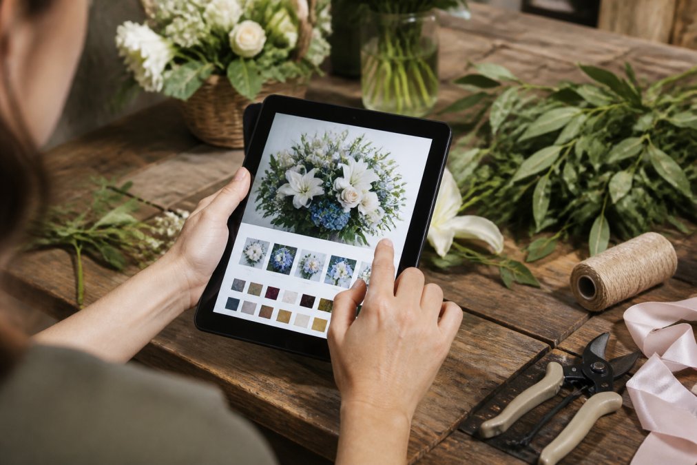 Hands selecting colors and styles on a tablet to order custom sympathy floral tributes online