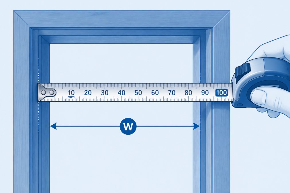 Close-up of a steel tape measure being held horizontally across a wooden door frame opening, showing precise measurement of the width with clear focus on the measuring tape numbers and the door jamb