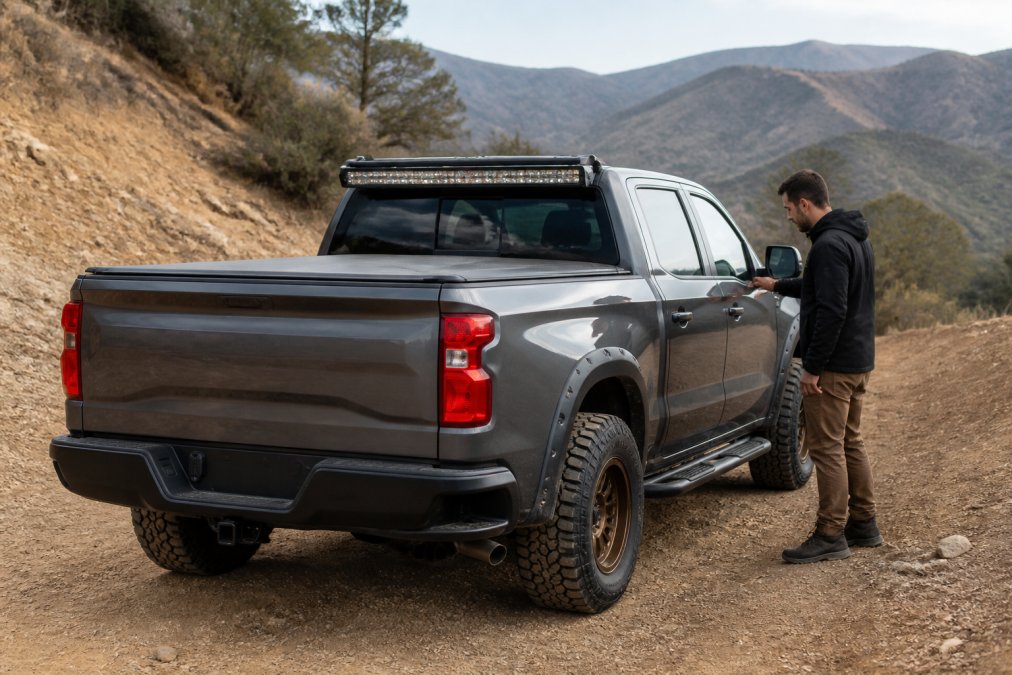 A pickup truck parked on a dirt trail with aftermarket accessories like a bed cover, LED light bar, and running boards, with a person inspecting the truck