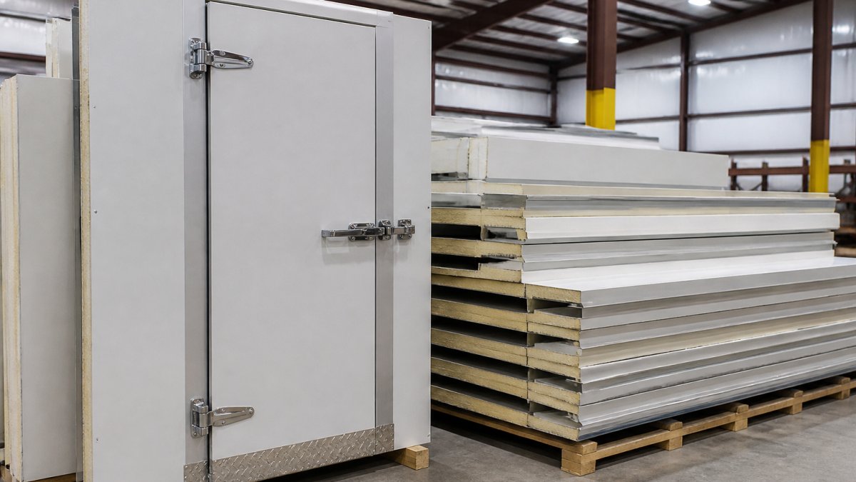 Close-up of a prehung commercial walk-in cooler door with stainless steel hinges, latch, and magnetic gasket, insulated panels stacked nearby in a clean warehouse staging area under bright overhead lighting