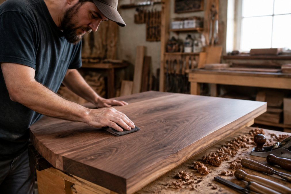 An artisan woodworker at a wooden workbench in a warm, well-lit workshop, carefully hand-sanding a solid walnut tabletop, with curled wood shavings and hand tools including chisels and hand planes arranged nearby