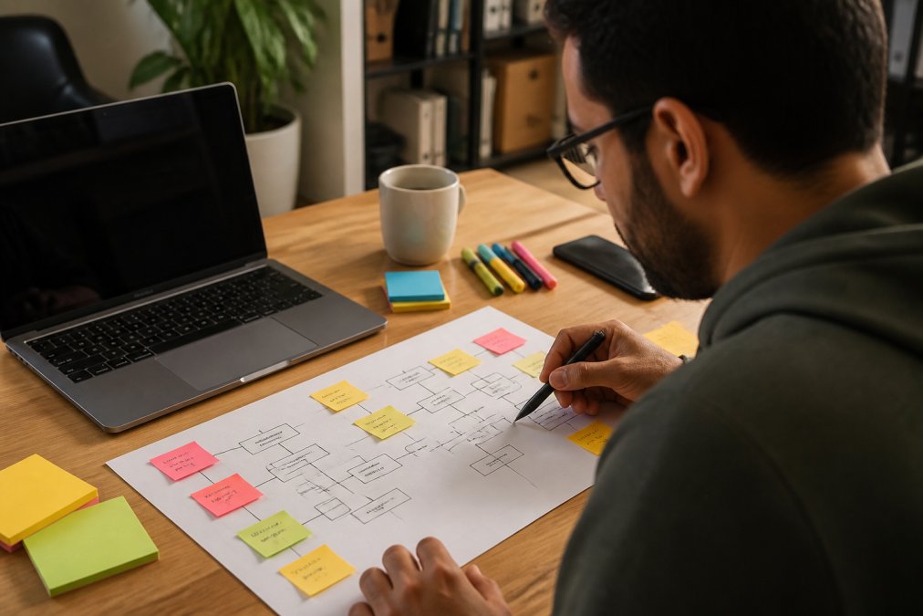 A data professional at a desk reviewing a printed career roadmap with sticky notes and a laptop showing portfolio projects