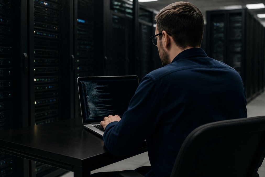 System administrator managing a dedicated server with root access via terminal in a secure data center room.