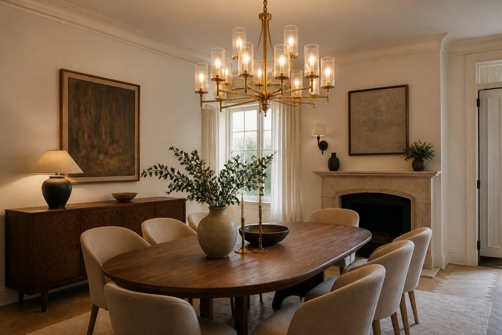 Elegant dining room with a brass statement chandelier hanging above a wooden table, soft warm light illuminating the space with refined home decor, artwork on walls, and a neutral colour palette