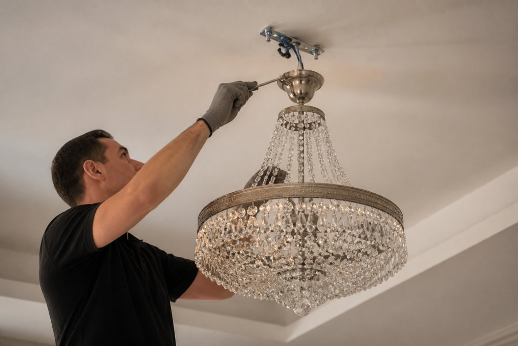 Professional carefully installing a crystal chandelier on a ceiling, showing fixture mounting hardware and precise positioning with tools and mounting bracket visible