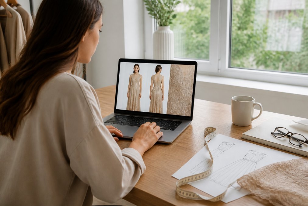 Woman at home reviewing designer dress details on her laptop with a size guide and measuring tape nearby, natural window lighting