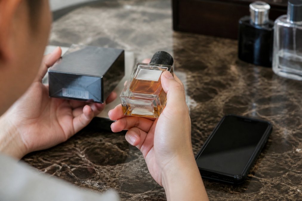 Step-by-step guide to verifying a designer perfume by checking the batch code and online authenticity databases.