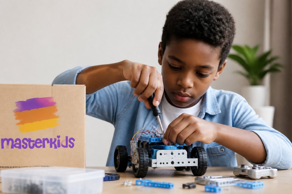 School-aged child building a simple robot or engineering project with hands-on STEM kit components at a table
