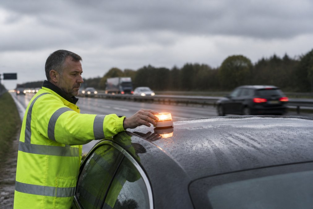 Buy DGT 3.0 Compliant Emergency Beacon: 2026 Guide A motorist placing a small magnetic V16 emergency beacon on the roof of a car parked on the hard shoulder of a motorway, amber light flashing, traffic passing in the background under overcast skies