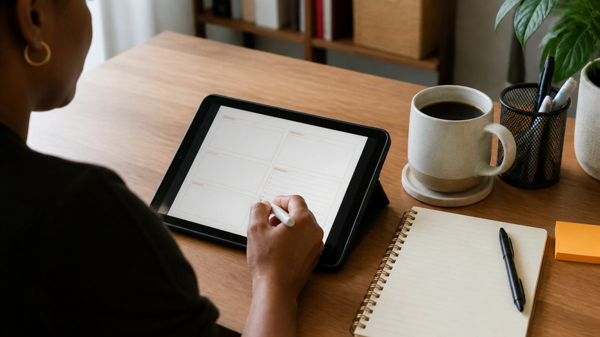 Person with ADHD using a digital planner on a tablet with a stylus at a desk with coffee and a notebook