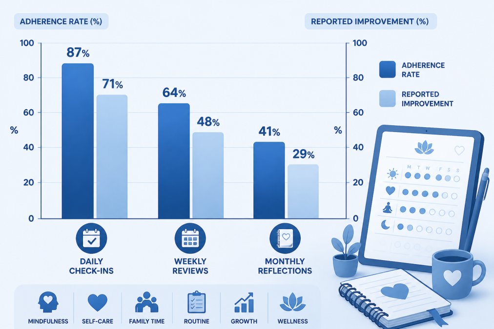 Bar chart comparing habit tracking adherence rates: daily check-ins 87% adherence, weekly reviews 64% adherence, monthly reflections 41% adherence, showing correlation with reported mental health improvements