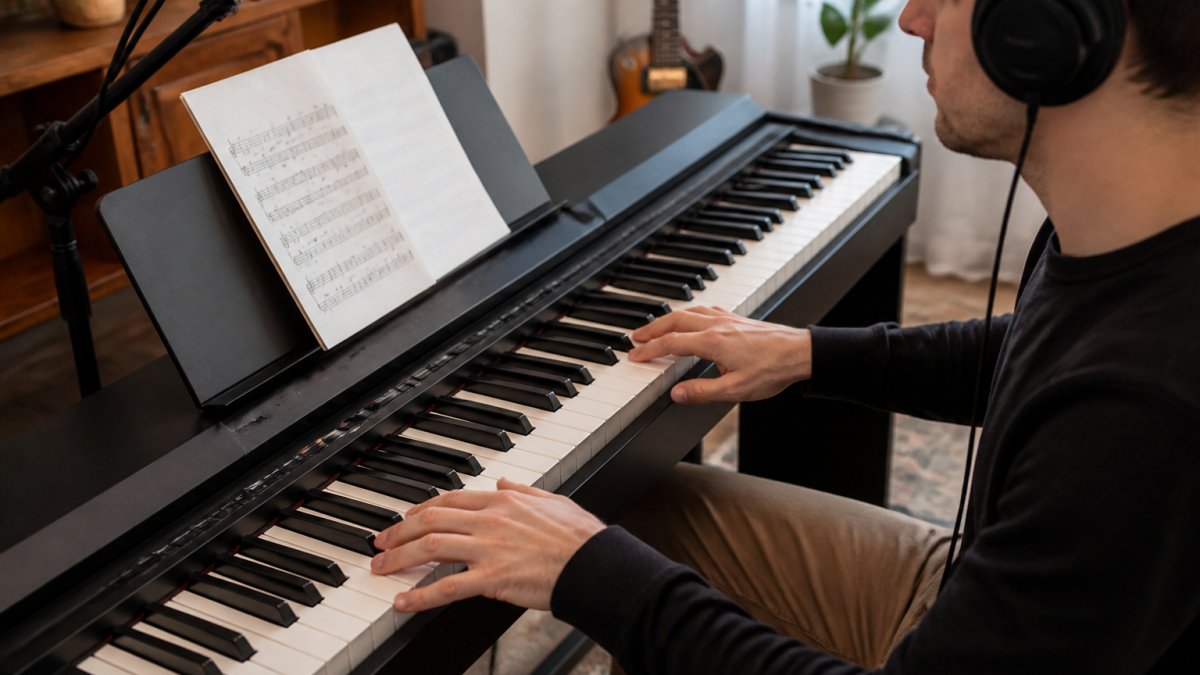 Musician's hands playing an 88-key weighted digital piano with headphones and music stand visible in a home studio setting