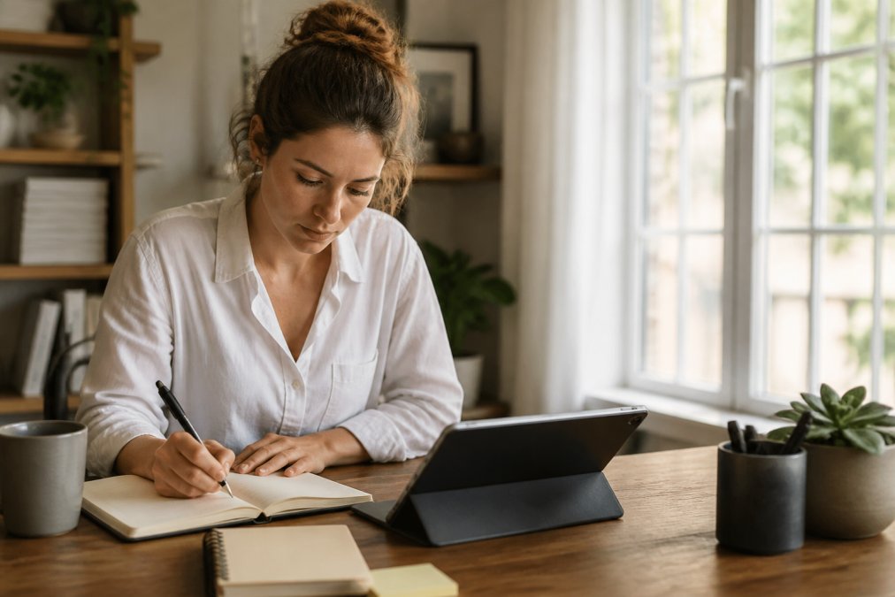 Person sitting at a desk with a tablet displaying a digital journal open, a handwritten notebook beside it, warm natural light streaming through a window, focused expression suggesting reflective work