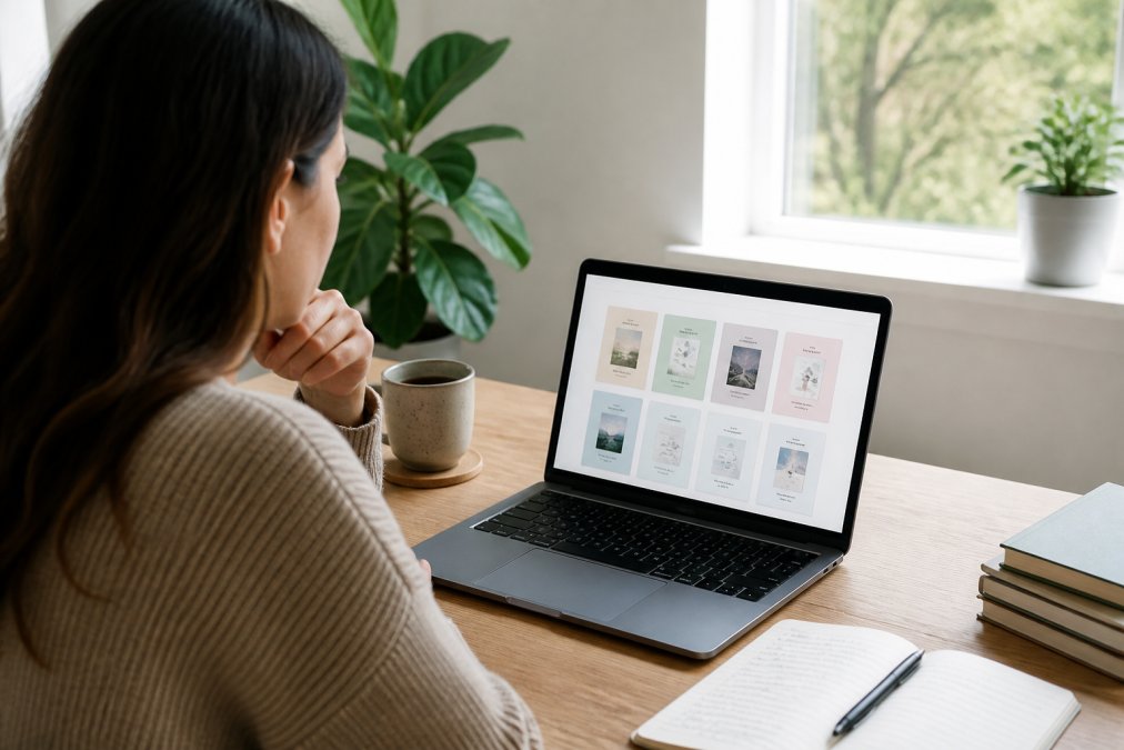 Person reviewing multiple workbook options on a laptop screen with a notebook and coffee nearby, natural daylight, thoughtful expression while making a decision