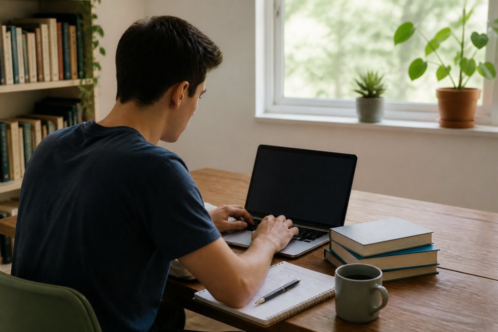 College student working at desk with laptop displaying colorful Notion dashboard, textbooks and coffee cup nearby, natural window lighting