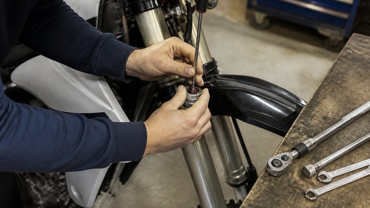 Rider adjusting dirt bike fork compression clickers for performance upgrades in a garage workshop