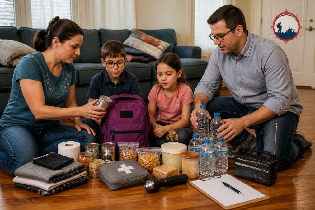 A family organizing disaster preparedness kits with food, water, and emergency supplies on their living room floor.