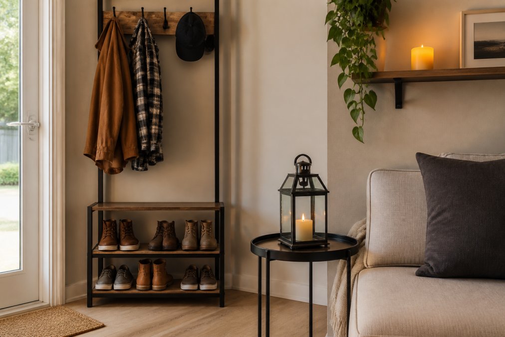 A cozy living room corner styled with an entrance shoe and clothes hanger rack, a Nordic lantern candle holder on a side table, and a warm flickering LED candle on a shelf, photographed in natural daylight