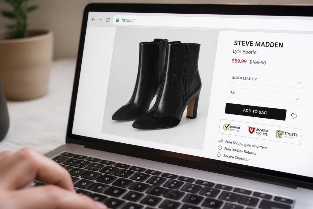 Close-up of a laptop screen showing a shoe website with an SSL padlock icon visible in the address bar and security badges displayed prominently near the checkout button