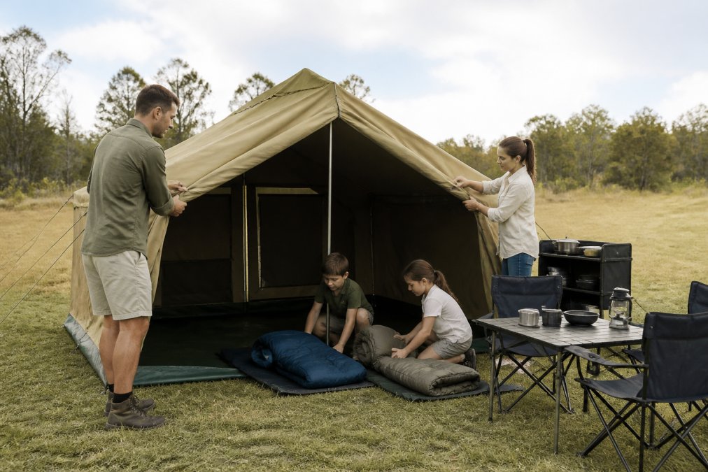 A family setting up a durable canvas camping tent in an outdoor field with sleeping bags and camping furniture visible nearby, demonstrating practical gear setup