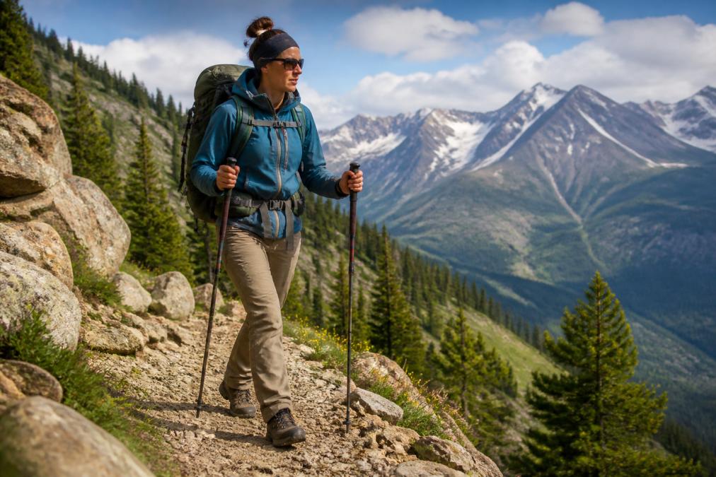 A hiker on a mountain trail wearing a well-fitted backpack with trekking poles, waterproof boots, and layered technical apparel demonstrating proper gear setup in an outdoor mountain environment with natural daylight