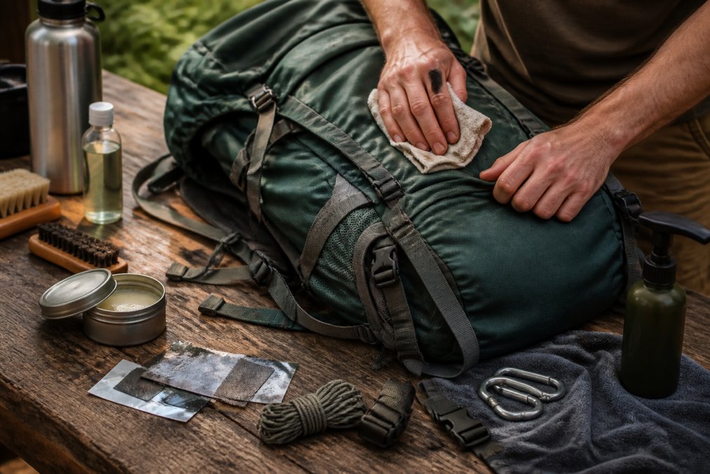 Close-up of hands cleaning and maintaining a hiking backpack and gear on a wooden workbench, showing gear care supplies, brushes, and repair materials in natural daylight