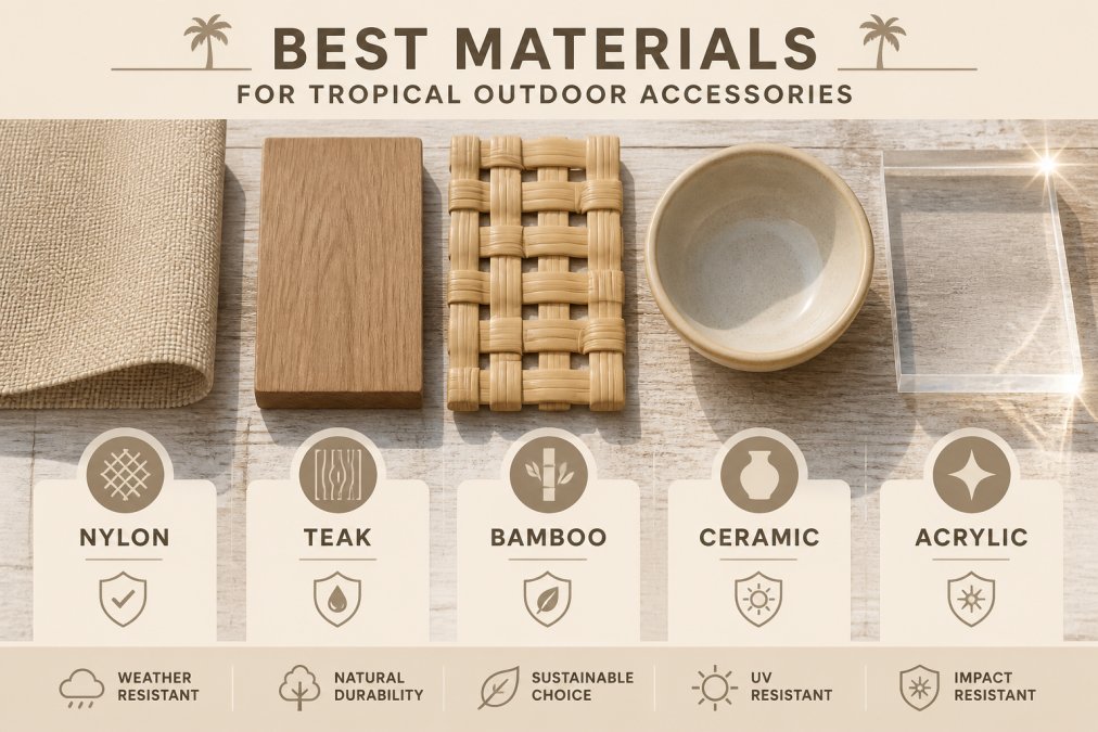 Close-up of various durable materials laid flat: nylon fabric with tight weave, teak wood sample showing grain, bamboo weaving detail, ceramic bowl in coastal blue, and acrylic glass catching sunlight, arranged on a weathered coastal wooden surface