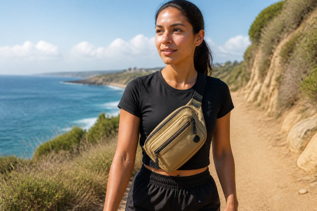 Woman wearing an island-inspired chest bag in natural nylon while walking along a coastal path with ocean visible in background, demonstrating everyday wear and practical styling in natural sunlight