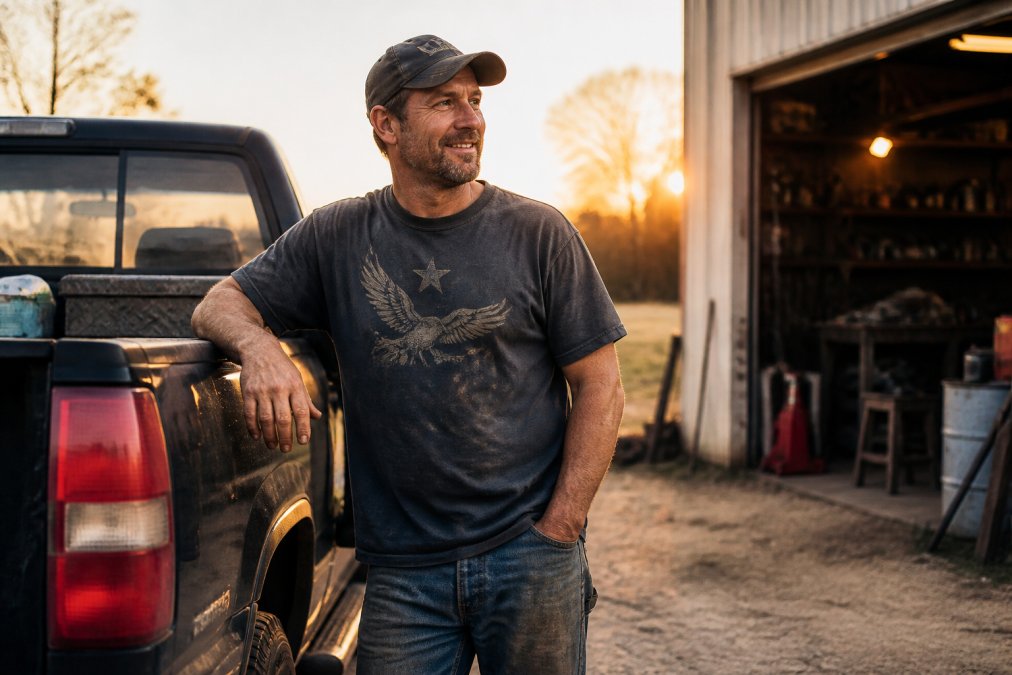 Man in durable mens casual wear leaning against a pickup truck outside a workshop at golden hour