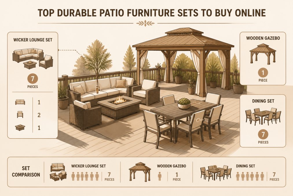 Well-arranged outdoor patio featuring multiple durable furniture pieces including wicker seating arrangement, a central dining table, and cushioned chairs positioned on a sunny deck with natural afternoon lighting casting long shadows