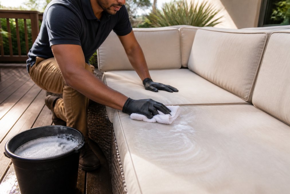 Close-up of person's hands cleaning outdoor furniture cushions with soft cloth and soapy water, bucket visible on sunny patio deck with morning light illuminating the cleaning process