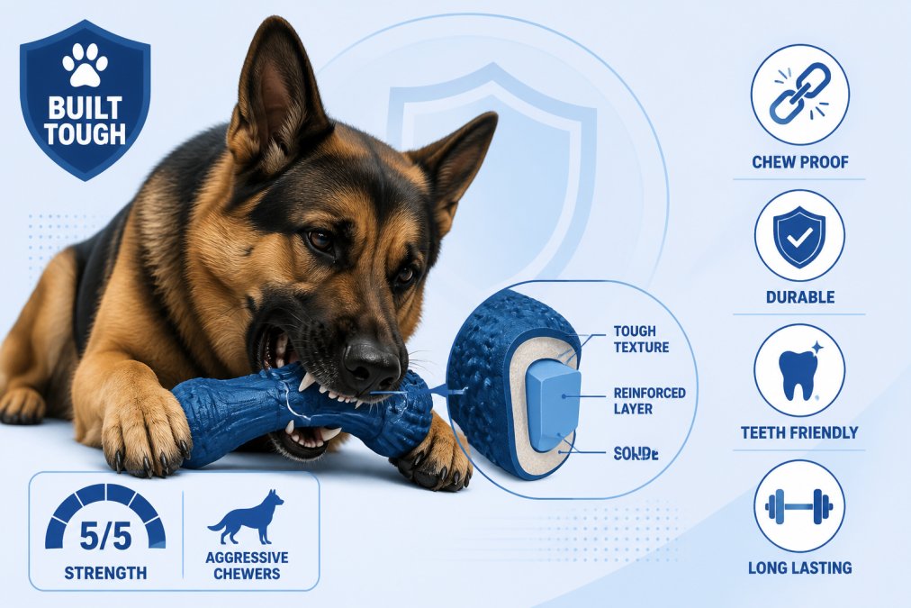 A large German Shepherd intensely chewing on a thick nylon composite toy, showing the toy's resistance as the dog's teeth grip the reinforced material