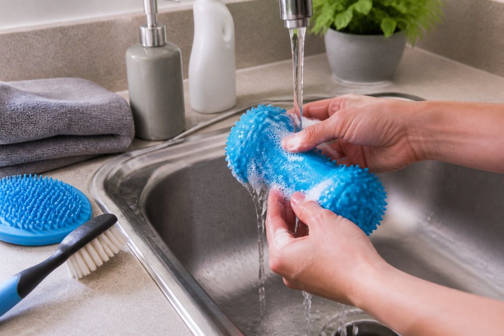Hands washing a durable rubber dog toy under warm running water in a sink, with a soft brush nearby and cleaning supplies on the counter