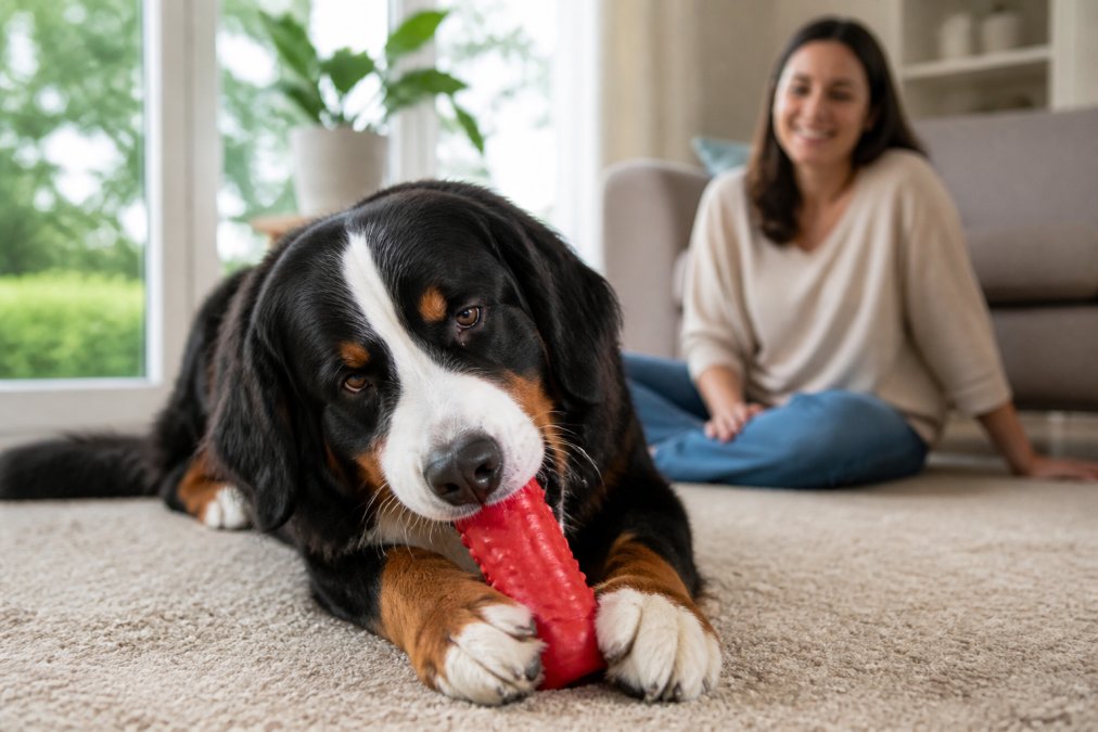 Large dog happily chewing on a sturdy red silicone toy in a sunny living room with a smiling person nearby