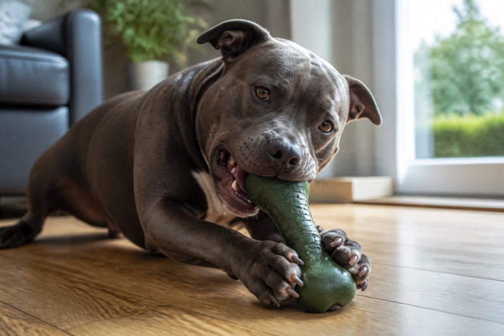A large Staffordshire Bull Terrier enthusiastically chewing on a thick dark green natural rubber toy on a warm wooden floor, the toy visibly intact despite heavy jaw pressure, natural daylight from a nearby window