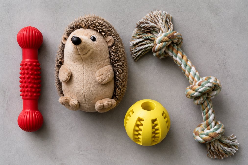 A flat lay of several different durable dog toys arranged neatly on a light grey surface, a thick red natural rubber chew, a plush hedgehog with reinforced seams, a knotted rope toy, and a yellow treat-dispensing ball, photographed from directly above in bright even light