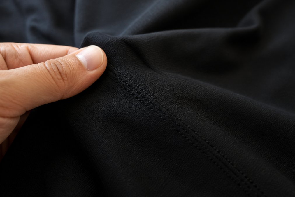 Close-up of premium heavyweight fabric weave showing tight stitching and dense fiber construction on a black streetwear tee, with natural studio lighting highlighting the textile quality