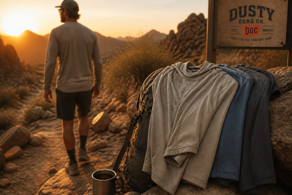 Infographic comparing material and features of long-sleeve sun protection hiking shirts on a desert trail