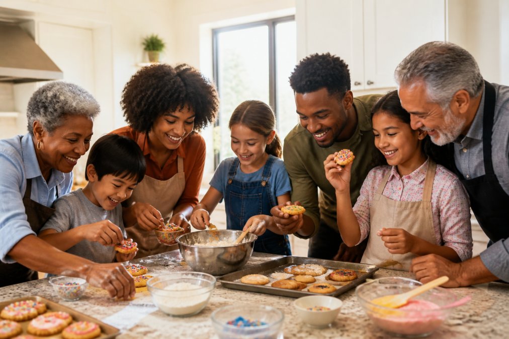 A diverse multigenerational family of varying ages and ethnicities gathered around a bright, sunlit kitchen counter, with children and adults of different races smiling while measuring dry ingredients into a mixing bowl, decorating cookies with colorful icing and sprinkles, and holding up freshly baked cookies to admire them