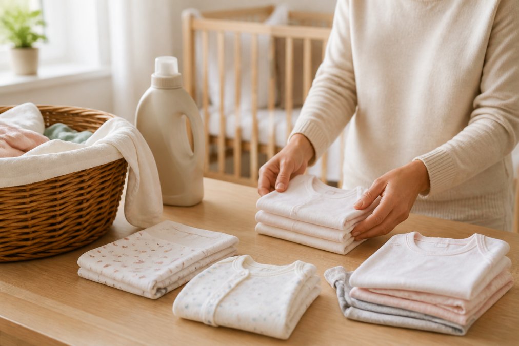 A parent's hands folding freshly washed soft cotton baby clothes on a light wooden table, laundry basket and mild detergent bottle nearby in a bright nursery