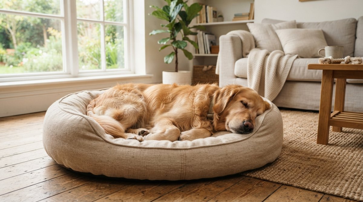 A dog sleeping peacefully on a natural, eco-friendly dog bed in a bright home setting, showing comfort and relaxation