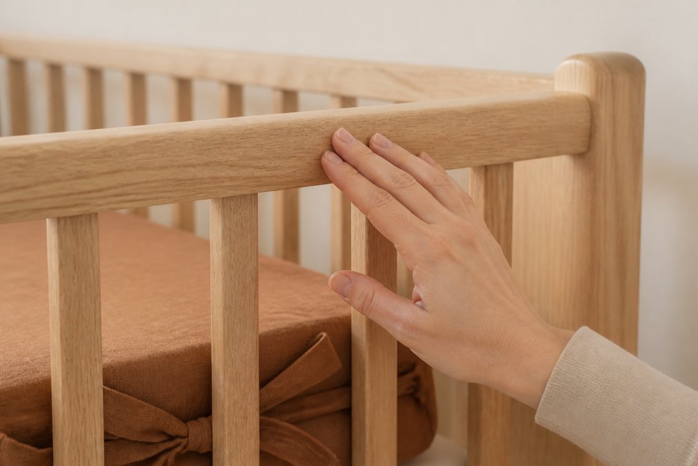 Close-up of natural wood crib rail showing detailed grain patterns with soft natural light illuminating the smooth wood finish, a parent's hand gently touching the surface to demonstrate quality craftsmanship