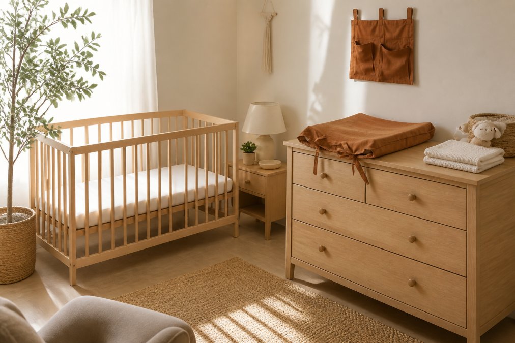 Minimalist nursery interior with essential eco-friendly furniture arranged thoughtfully: a natural wood crib with white bedding, a wooden dresser with a cotton changing pad cover, and a small wooden nightstand, soft natural light streaming through a window creating calm shadows