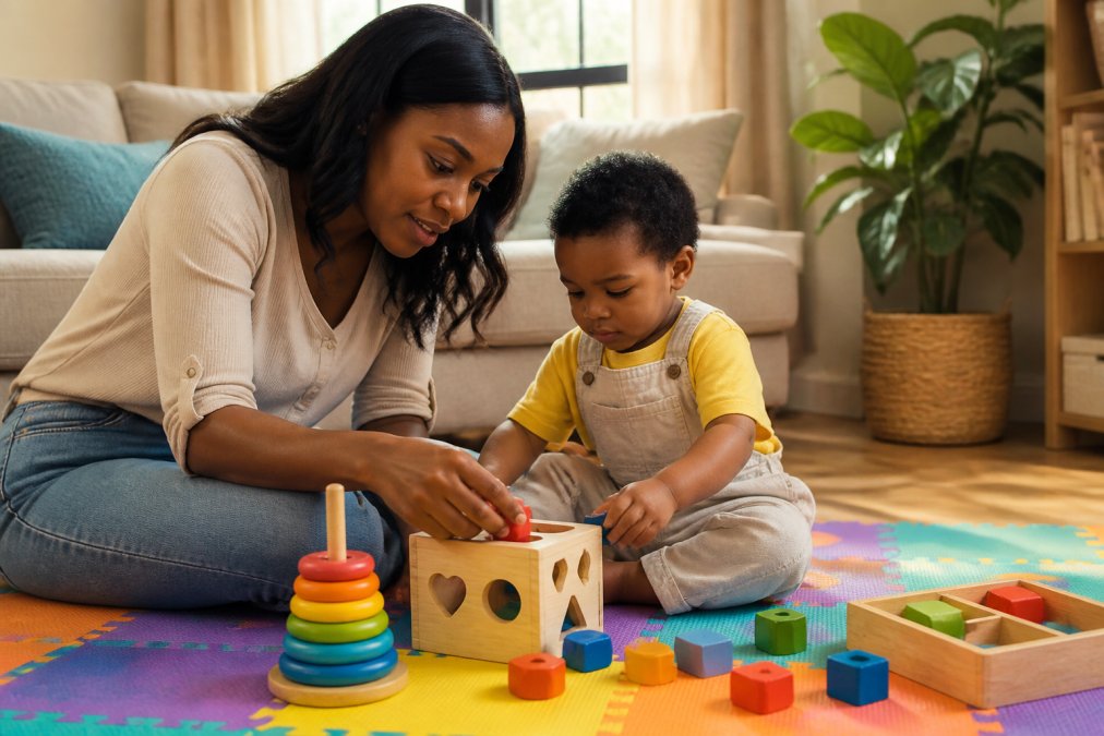 A mother and her young child sitting on a colourful play mat, exploring wooden Montessori-style shape sorters and stacking rings together in a bright, tidy living room with warm afternoon light coming through a window