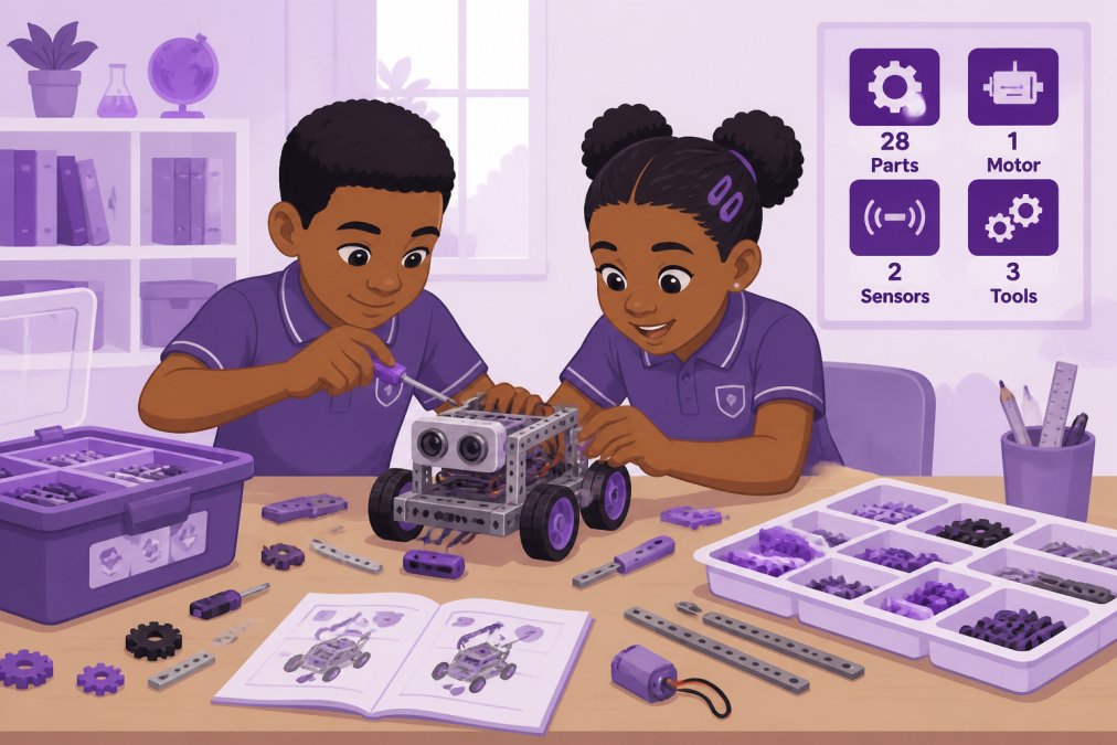 Two primary school children building a small motorised robot from a STEM kit on a wooden table, looking focused and excited, with colourful plastic and metal components spread around them in a well-lit classroom setting